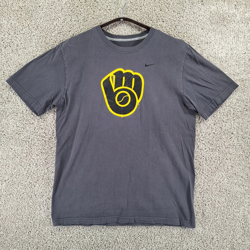Nike T-Shirt Mens Large Gray Milwaukee Brewers Baseball Swoosh Graphic Fanwear